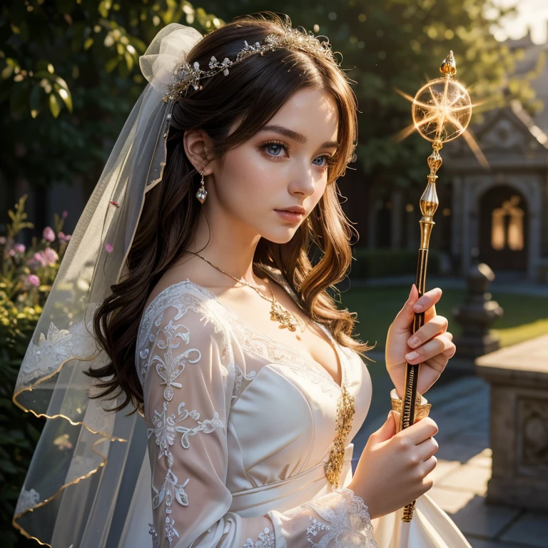 (masterpiece, best quality:1.5), highest quality, High resolution, super detailed, Realists, Upper body photo of a brunette young magical girl, detailed and beautiful eyes, beautiful detailed lips, very detailed eyes and face, longeyelashes, white satin wedding dress, Holding a magic wand in your hand, Cast a transformation spell, With her magic wand she turns stones into wine glasses, Glowing wands available,Beautiful and colorful makeup, elegant and noble々The jewelry bag, Gardens as background, soft daylight, bright colors, fine brushstrokes, Portrait style, Silk dress fabric, beautiful color palette, glowing skin, First-class rendering, that captures every detail, enchanting atmosphere, subtle shadows and lights, (perfect anatomy:1.2), (Stunning magical girl in wedding dress turns stones into wine glasses. (a transformation with the magic wand:1.4), (magnificent panorama view:1.2)