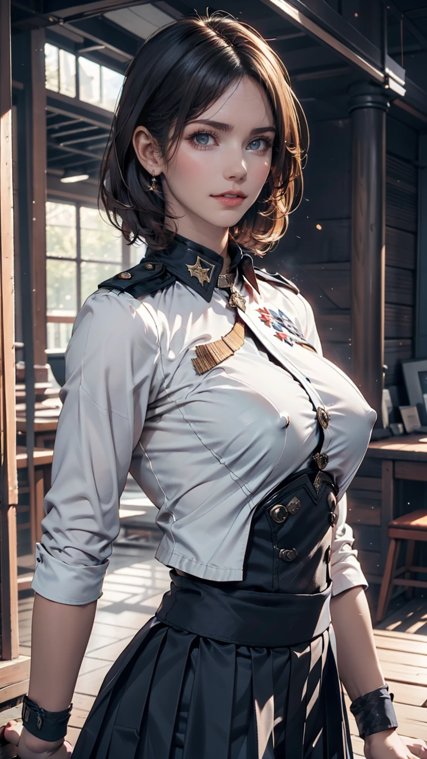 (Highest Resolution, clear_image), Highest quality, masterpiece, Very detailed, Semi-realistic, Woman with shoulder-length black hair, Dark Eyes, mature, mature woman, Imperial sister, sexy, short hair, Triple Van, Light blue uniform, Light blue uniform jacket, soldier, Light blue pleated skirt, uniform, Fighter Front, future, sf, universe、Sexy proportions、Narrow waist、Erotic female body、Saggy breasts、Big Breasts、Nipple swelling emphasis