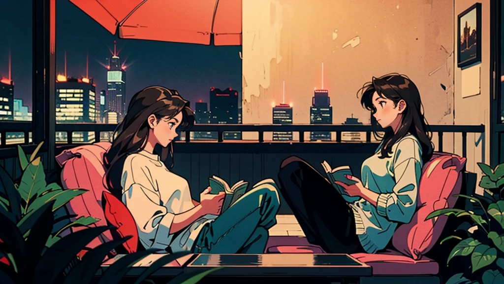 Highest quality, 8k, 1990s style,Hairstyles of the 2010s, 21 year old girl, Black Hair, long Hair, Light brown eyes, City Pop, pants ,Night view, Relax on the veranda、,Reading a book, whole body, Relax Coffee,profile
