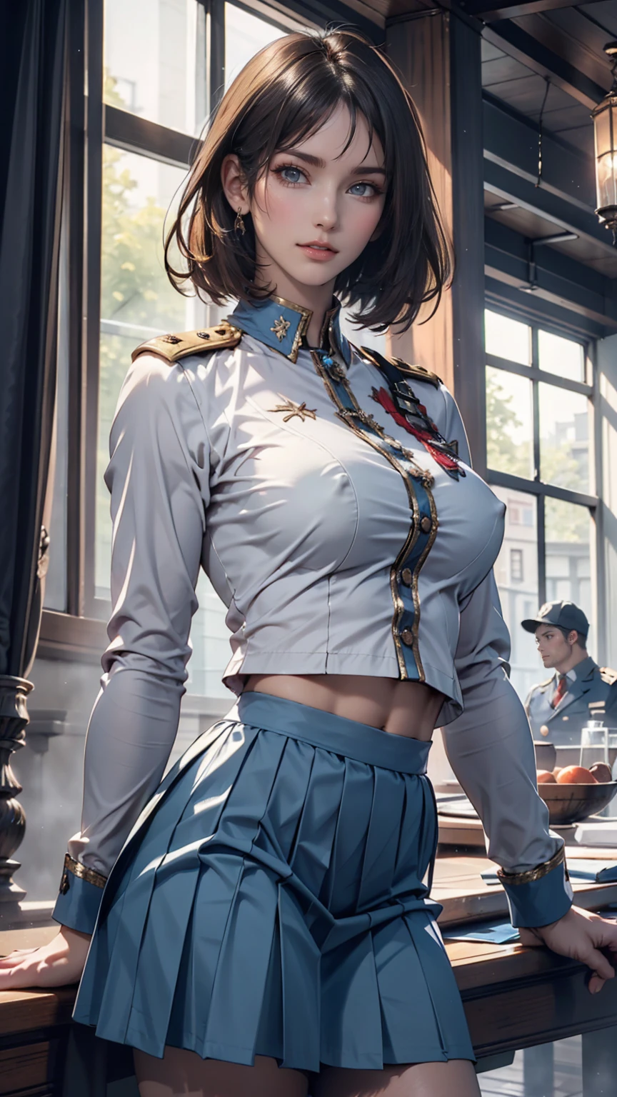 (Highest Resolution, clear_image), Highest quality, masterpiece, Very detailed, Semi-realistic, Woman with shoulder-length black hair, Dark Eyes, mature, mature woman, Imperial sister, sexy, short hair, Triple Van, Light blue uniform, Light blue uniform jacket, soldier, Light blue pleated skirt, uniform, Fighter Front, future, sf, universe、Sexy proportions、Narrow waist、Erotic female body、Saggy breasts、Big Breasts、Nipple swelling emphasis