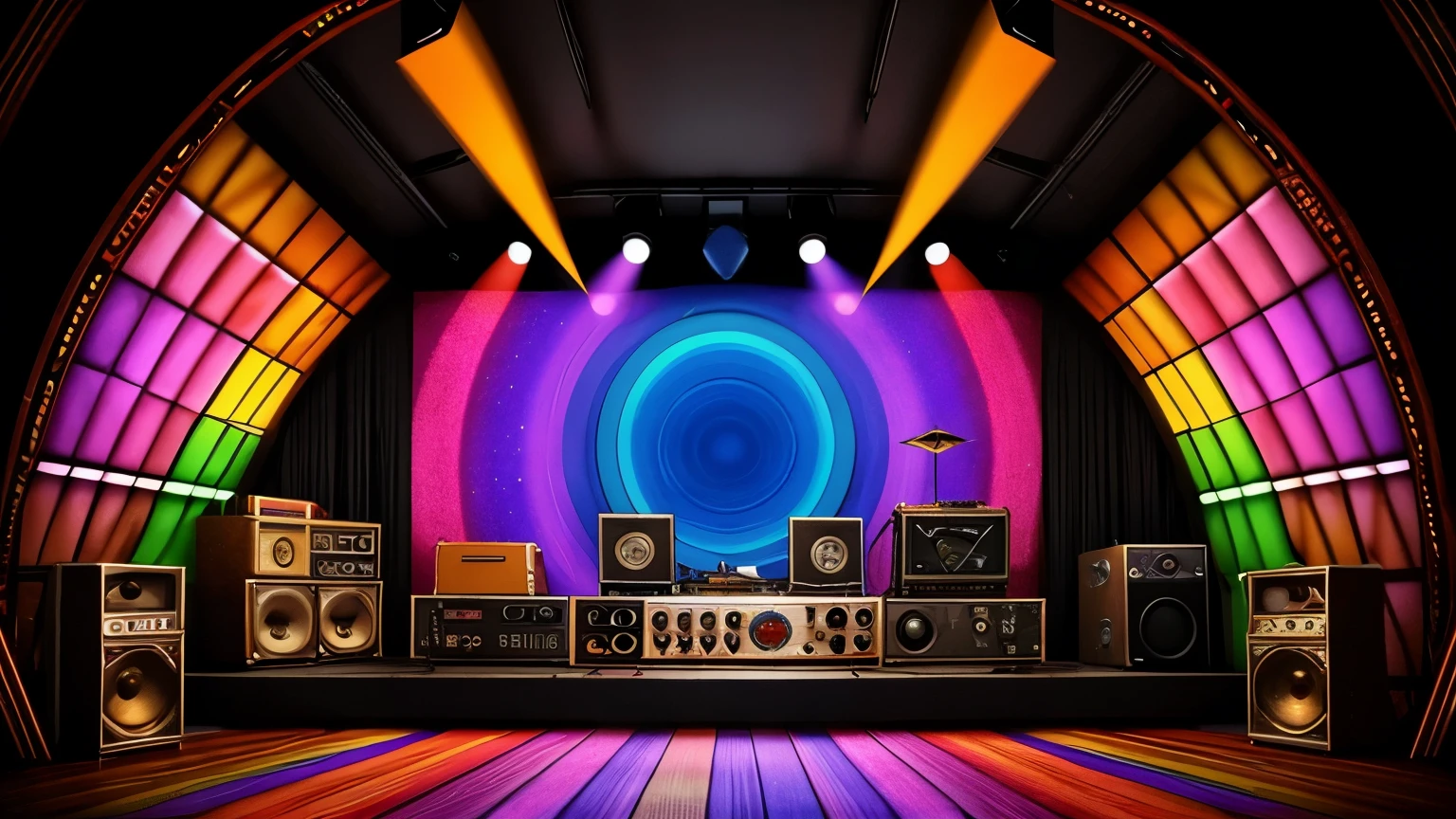 "70s funky rock stage with vintage amplifiers, rotating and colorful lights, and a background decorated with psychedelic patterns. The environment is realistic and retro, no musicians."