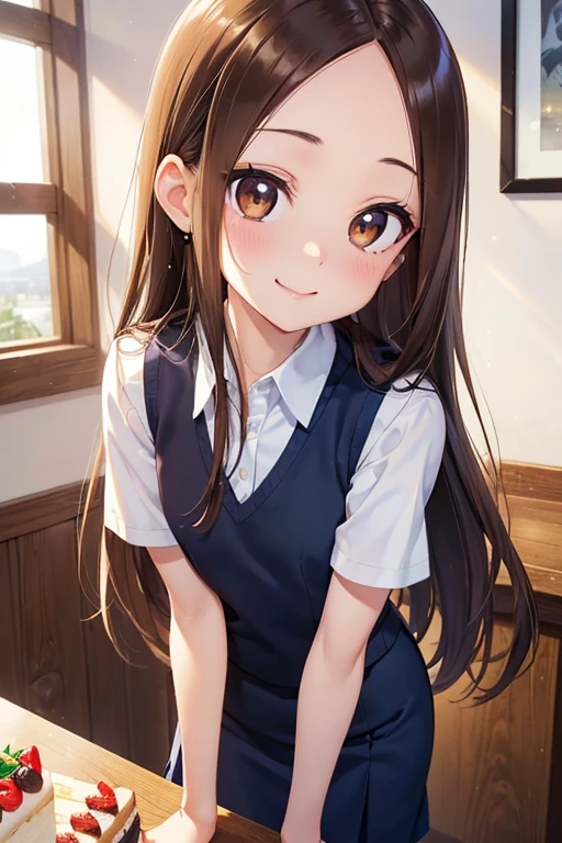 Takagi-san、Shiny brown hair, Straight Long Hair,((Medium chest、Forehead、Center part))、 Beautiful brown eyes、smile、Sparkling eyes, (fine grain)、Very fine eye、Highly detailed face, Highly detailed eyes, Cowboy Shot、


(masterpiece:1.2, Highest quality, Ultra-high resolution, Super detailed),, 

View your viewers, 1 girl, , Perfect Face, (Perfect Anatomy, Anatomically correct), Cute and symmetrical face, Baby Face, , Glowing Skin, 
 Big eyes, Long eyelashes, (Medium chest), thin, 
((Navy Costume, navy suit vest, White shirt with short sleeve collar, Navy Tight Skirt)), 
(Beautiful views), evening, (Outside the cake shop, have a cake box), (Smile), 