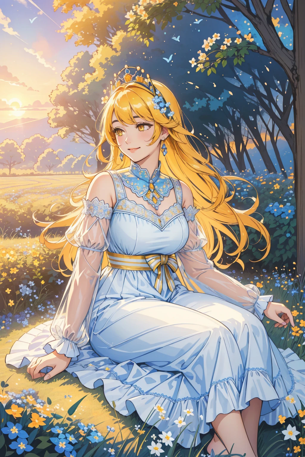 (masterpiece, best quality, beautiful, vibrant aesthetic, full body angle), 24 years old woman with fair skin, yellow eyes, straight long hair with side bangs, glowing yellow hair, (hair flowing) delicate face, vintage cottagecore dress, sits on the grass alone, (sad smile), looks up the sky, (acoustic guitar next to her), (bright and sad sunset), forget-me-not flowers, beautifully-detailed, (windy), summer time, monarch butterflies flying around, cure illustration, very colorful, beautiful land