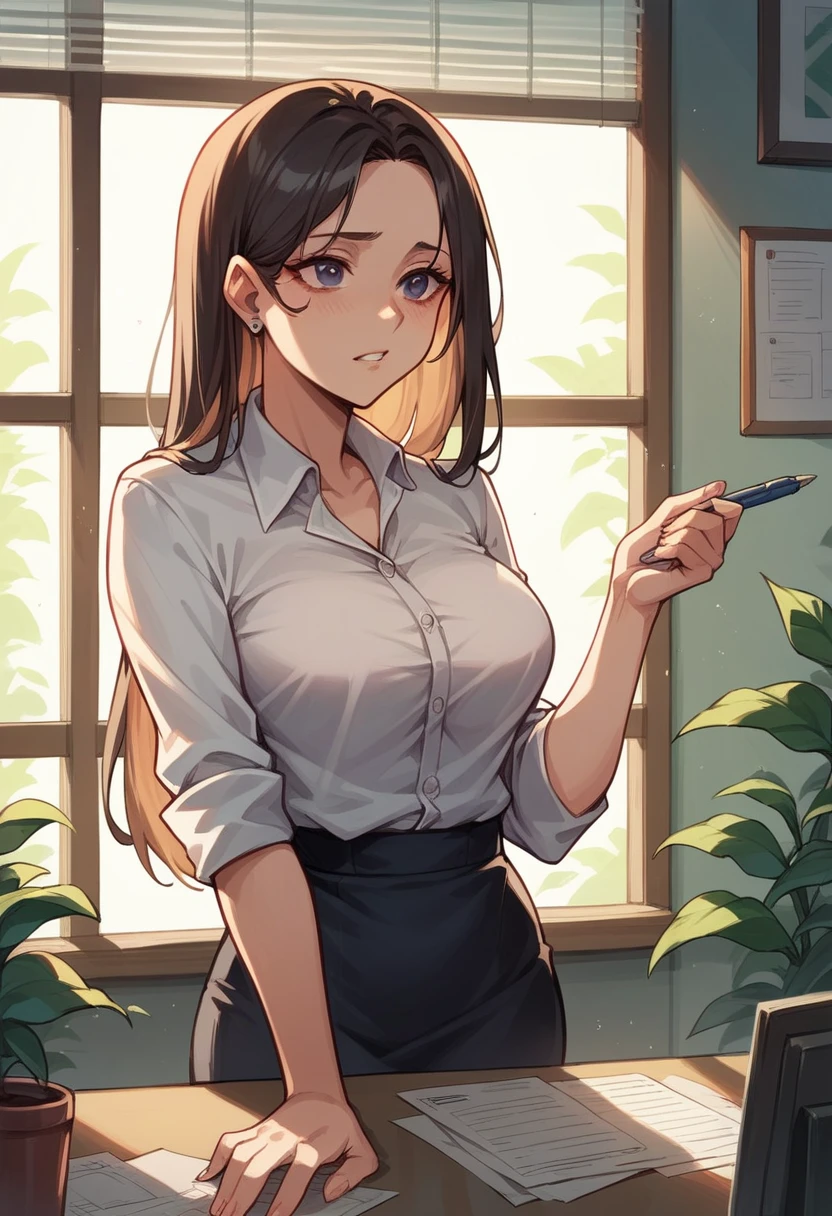A woman stood folding her hands in front of her with a blank gaze facing out the window in her office 