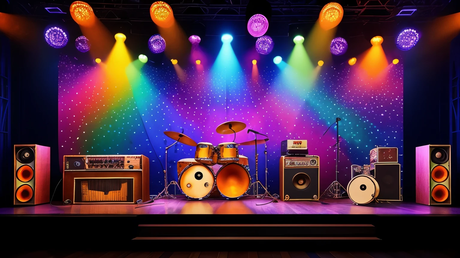 "70s funky rock stage with vintage amplifiers, rotating and colorful lights, and a background decorated with psychedelic patterns. The environment is realistic and retro, with musicians.robotics"