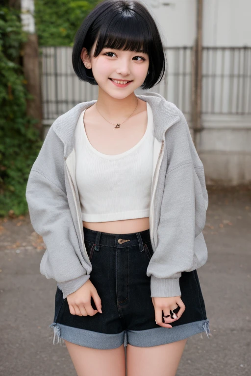 Trendy clothing,Trendy hairstyles,short bangs,black hair,highest quality,Teenage,NSFW,Changing clothes,young girl,smile,