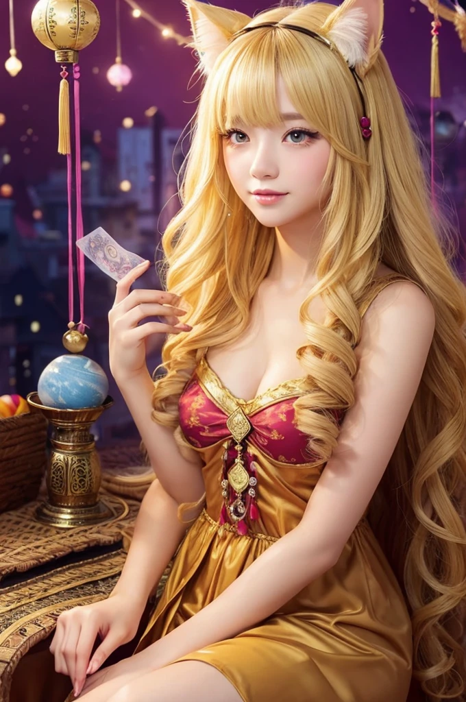 Cat ear、Women、An illustration、Blonde、Yellow Eyes、Curly Hair、fortune teller、Fortune telling background、Feng Shui、Semi-long hair