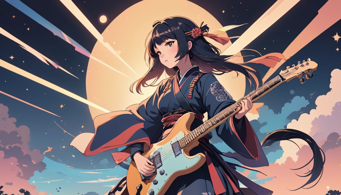 Electric guitar、Female samurai, Wide-angle lens, Lofi Anime, Lofi illustration, Aesthetic atmosphere, Lo-Fi Style, Vector art, Flat Design, Simple shape, Warm tones, Pleasant atmosphere, Chill, In anime style, Digital drawing, Vector art, Vector logo for t-shirt printing, (Adorable:1.5), (small:1.4), (Playful:1.2), (soft:1.3), (Whimsical:1.1), masterpiece, Highest quality, 8k, Intricate details, grow, Celestial, Mysterious, Picturesque, amazing, Majestic, Magic, Fantasy art, Cover art, dream-like