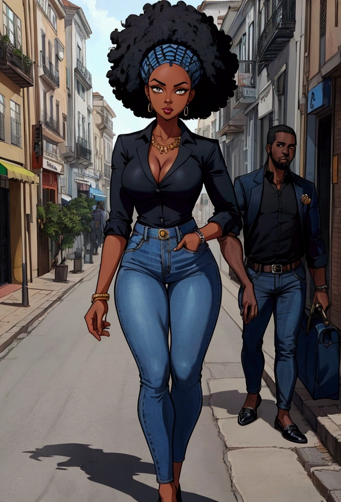 une femme noir africaine afro sexy en jeans bleu aux cheveux longs debout dans une rue repousse de la main un homme noir