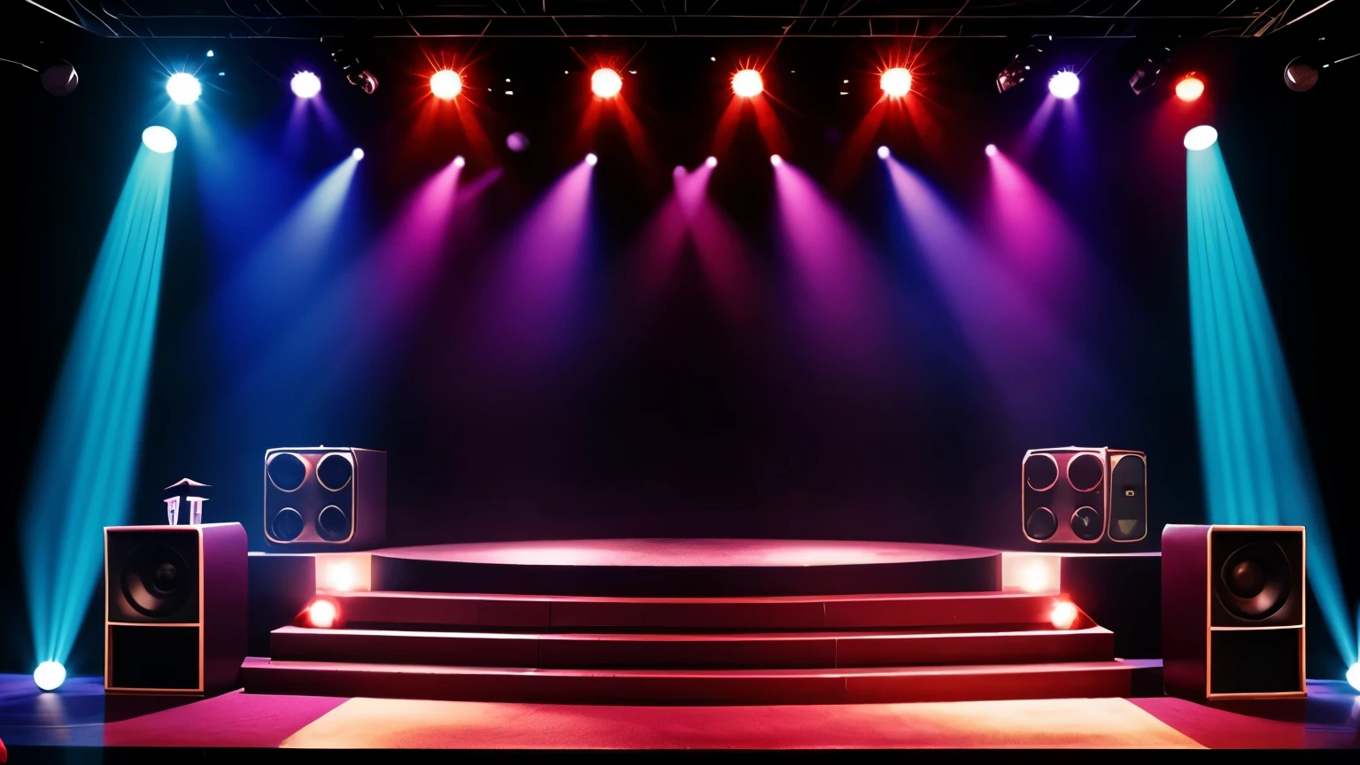 70s stage setting for a funky rock performance, complete with classic speakers, Bright lights and period-stylized stage furniture. The image captures the essence of the decade's atmosphere."