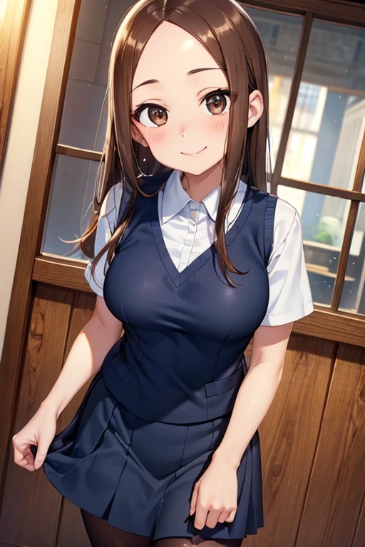 Takagi-san、Shiny brown hair, Straight Long Hair,((Medium chest、Forehead、Center part))、 Beautiful brown eyes、smile、Sparkling eyes, (fine grain)、Very fine eye、Highly detailed face, Highly detailed eyes, Cowboy Shot、
(masterpiece:1.2, Highest quality, Ultra-high resolution, Super detailed),,
View your viewers, 1 girl, , Perfect Face, (Perfect Anatomy, Anatomically correct), Cute and symmetrical face, , , Glowing Skin,
Big eyes, Long eyelashes, (Large Breasts), thin,
((Navy Costume, navy suit vest, White shirt with short sleeve collar, Navy Tight Skirt)),
(Beautiful views), evening, (Outside the cake shop, have a cake box), (Smile),