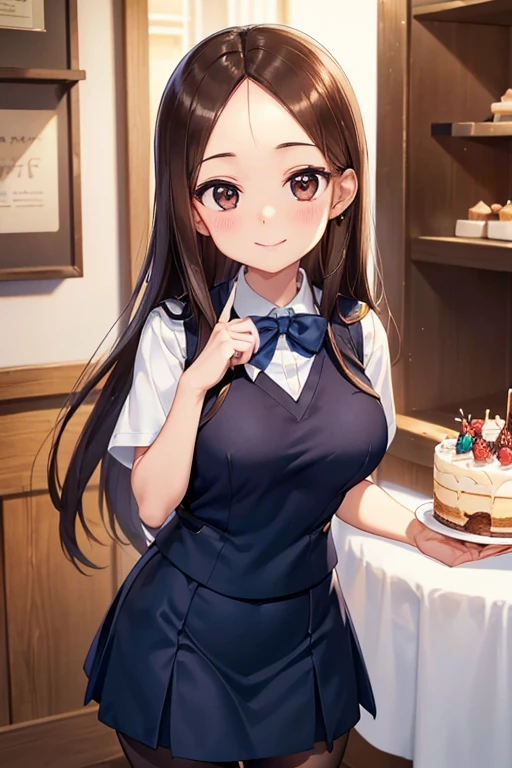 Takagi-san、Shiny brown hair, Straight Long Hair,((Medium chest、Forehead、Center part))、 Beautiful brown eyes、smile、Sparkling eyes, (fine grain)、Very fine eye、Highly detailed face, Highly detailed eyes, Cowboy Shot、


(masterpiece:1.2, Highest quality, Ultra-high resolution, Super detailed),, 

View your viewers, 1 girl, , Perfect Face, (Perfect Anatomy, Anatomically correct), Cute and symmetrical face, Baby Face, , Glowing Skin, 
 Big eyes, Long eyelashes, (Large Breasts), thin, 
((Navy Costume, navy suit vest, White shirt with short sleeve collar, Navy Tight Skirt)), 
(Beautiful views), evening, (Outside the cake shop, have a cake box), (Smile), 