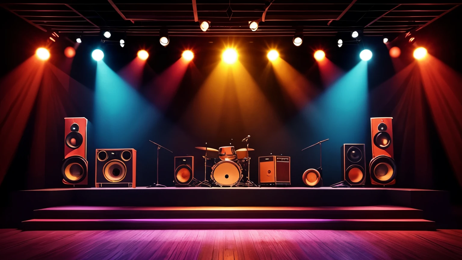 70s stage setting for a funky rock performance, complete with classic speakers, Bright lights and period-stylized stage furniture. The image captures the essence of the decade's atmosphere."