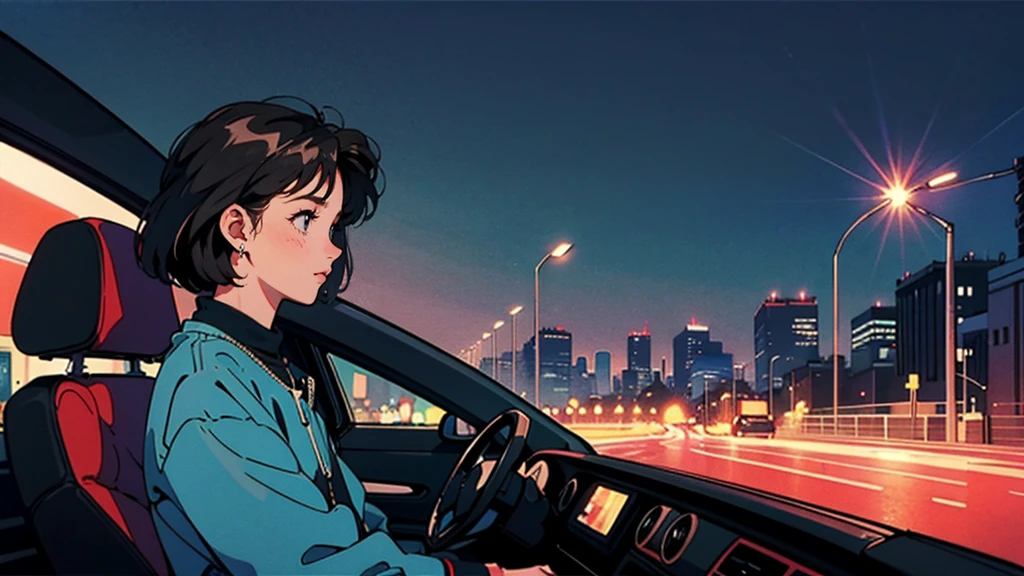 Highest quality, 8k, 1990s style,Hairstyles of the 2010s, 21 year old girl, Black Hair, Bob Hair, Light brown eyes, City Pop, pants ,A girl is driving alone in the city at night, whole body, The background is Tokyo at night,Cute profile