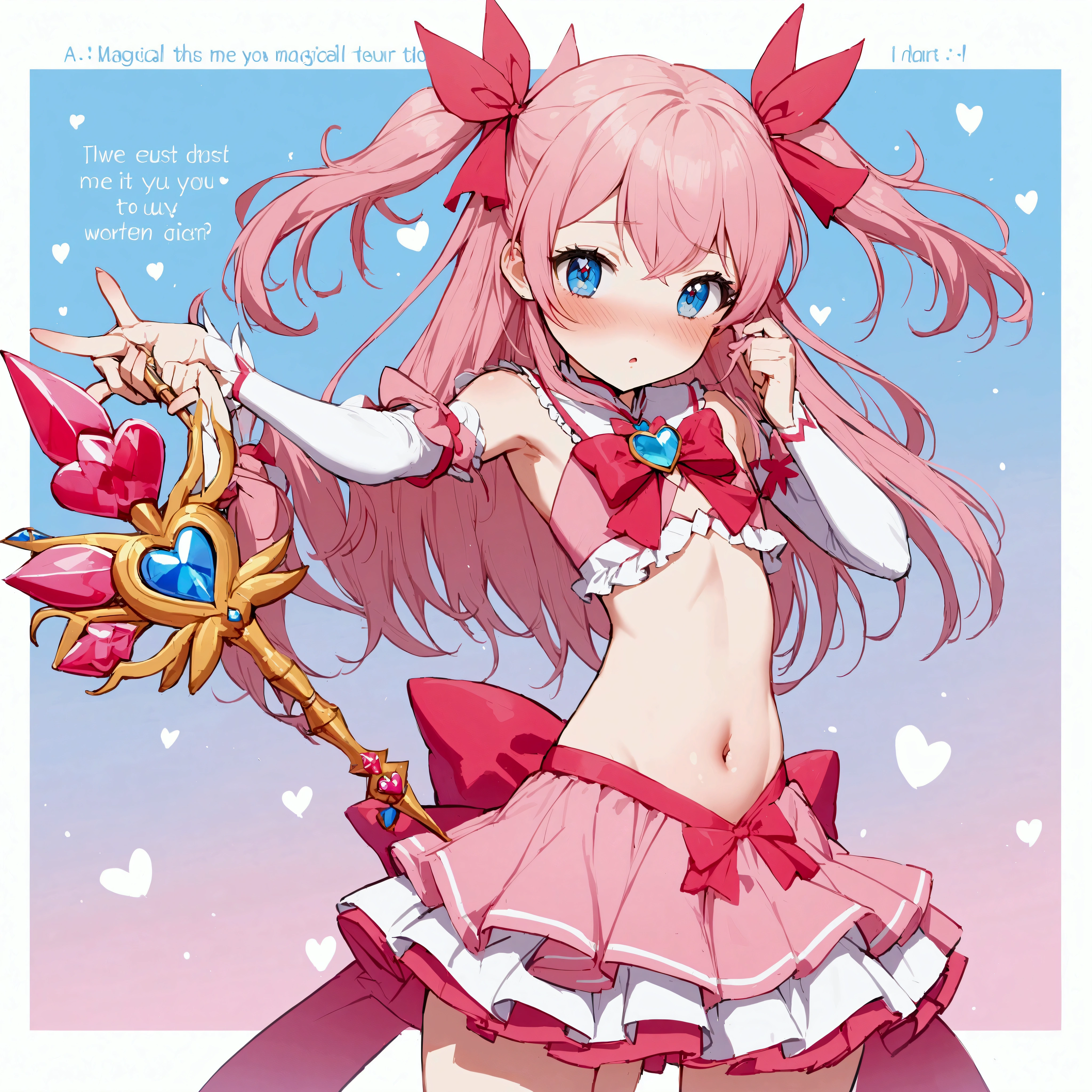1girl, blue eyes, blush, crossdressing, detached sleeves, english text, hair ribbon, long hair, magical girl, male focus, midriff, navel, otoko no ko, pink hair, ribbon, skirt, solo, two side up, wand