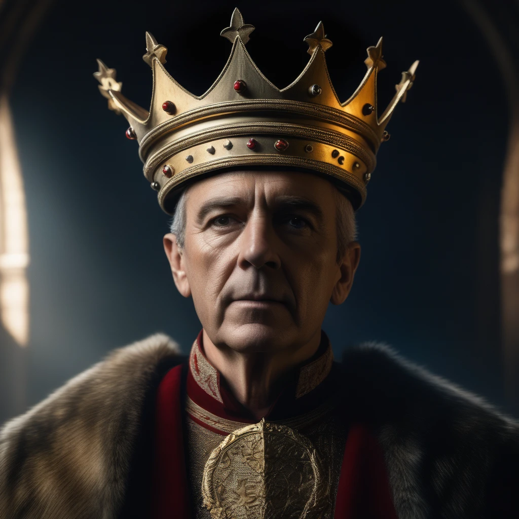 8k Hyperrealistic cinematic image of a creepy-looking man with a crown on his head and a crown on his head, wearing a crown, Dirk Crabeth, sinister, a character portrait, sots art