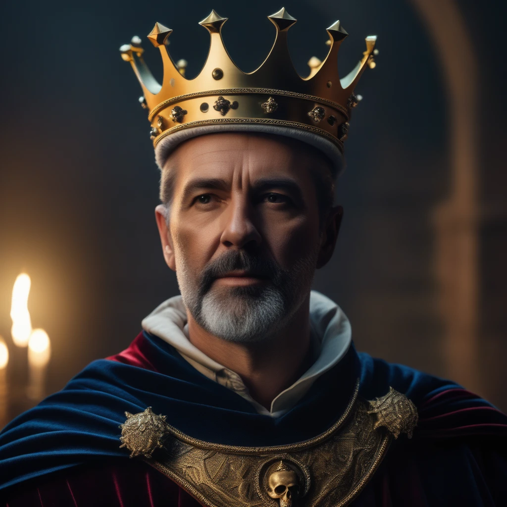 8k Hyperrealistic cinematic image of a creepy-looking man with a crown on his head and a crown on his head, wearing a crown, Dirk Crabeth, sinister, a character portrait, sots art