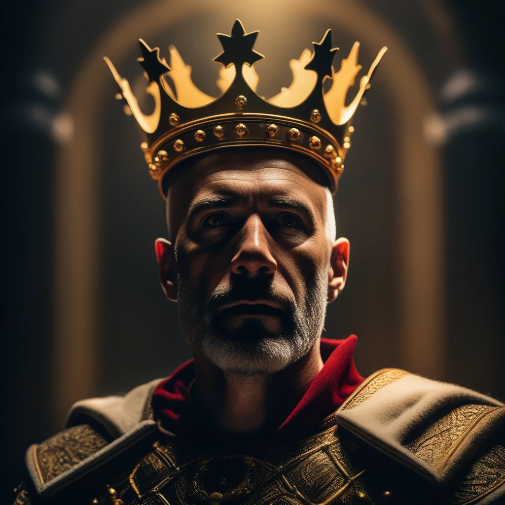 8k Hyperrealistic cinematic image of a creepy-looking man with a crown on his head and a crown on his head, wearing a crown, Dirk Crabeth, sinister, a character portrait, sots art