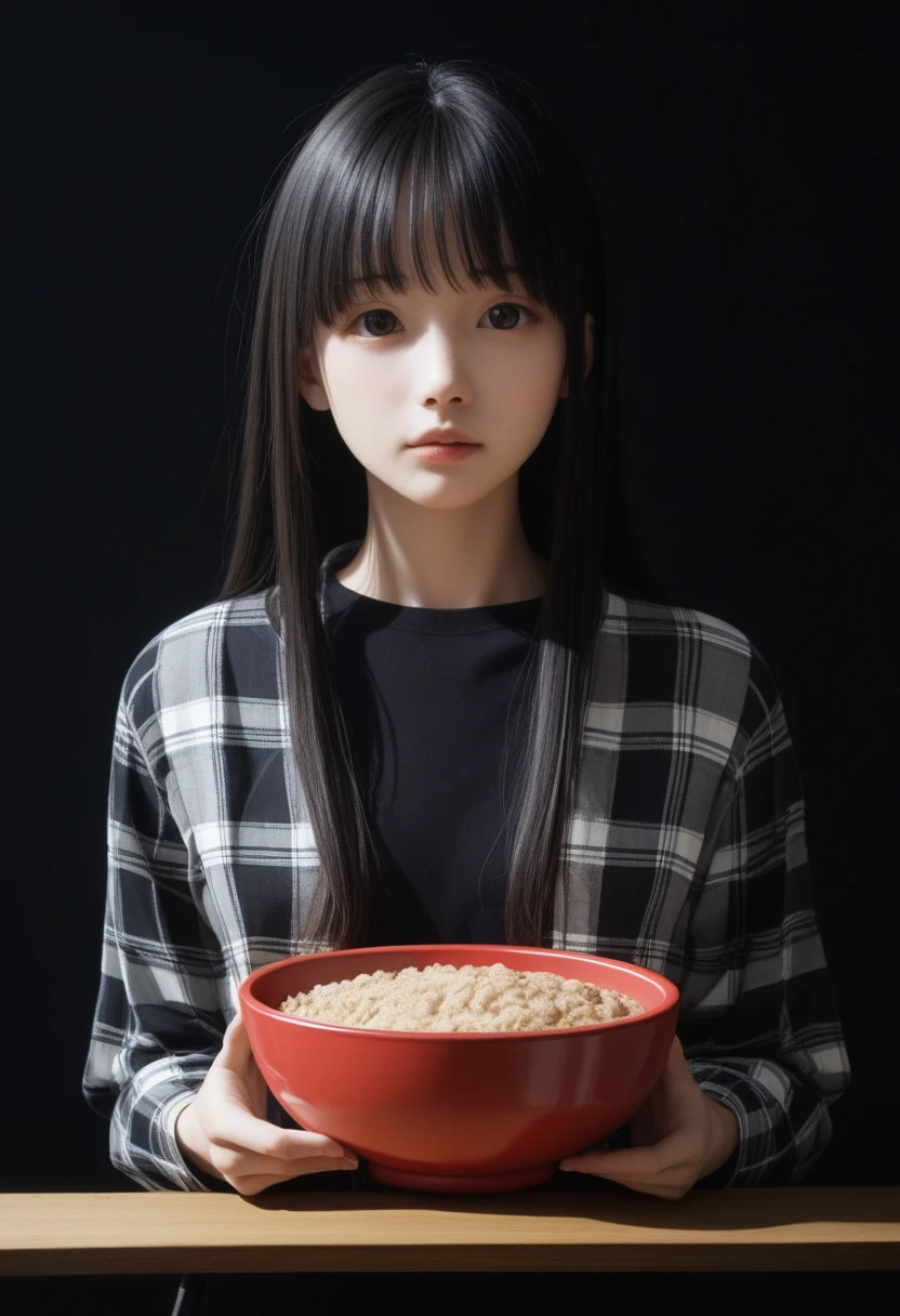 8K、portrait、masterpiece、Highest image quality、１girl、Round Face、Slim、(((flat body:1.3)))、、Lovely、、Black silhouette、black shadow on the face、（Backlight:1.5）、(强烈Backlight:1.5)、完璧なアンドロイドのgirl、(bowl haircut)、、、shadow、Upper lens、（Pitch-black underground passages）、Black background、Plaid Clothes、