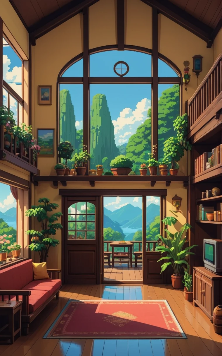 beautiful interior house, Pixel art. Ghibli style, beautiful anime, colorful, nostalgic, exuberant, pixel art, minimalist drawing style