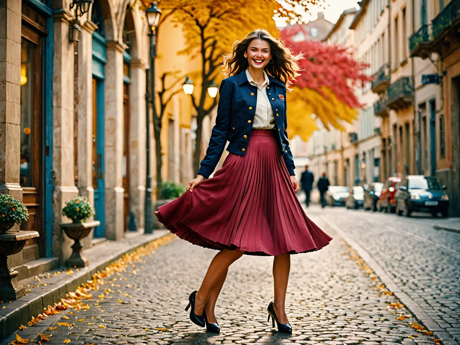 A smiling, authentic, (shy:1,3), kind, beautiful woman, is passionately in love with her skirt, wind wildly lifts her skirt, wearing uniform jacket and very, very detailed (long (fully pleated) full circle skirt) and (low heeled court shoes), very, very intricate hyper-detailed symmetric (attractive graceful young feminine face) with (sad, tired eyes and a loving smile), very voluptuous breasts, full of empathy and compassion and love, (pronounced (feminine) features), (highly detailed ultra accurate realistic) hands and fingers, (windy), epic composition, highly detailed attributes, (35mm f1.4 Kodak portra 400 photograph), extremely high quality RAW photograph, highly detailed atmosphere, sci-fi, cinematic shot, dynamic lighting, 75mm, Technicolor, Panavision, cinemascope, sharp focus, fine details, 8k, HDR, realism, realistic, key visual, film still, superb cinematic color grading, depth of field