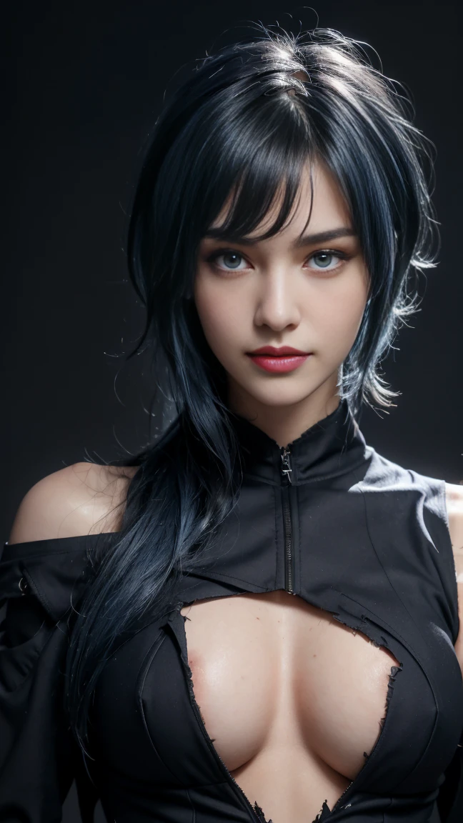 8K, Top Quality, Intricate Details, Ultra Detail, Ultra High Resolution, Masterpiece, close up shot, face shot, close up shot, portrait, face shot, passport shot, (full body: 1.1), Slender, Smile, ((smirk)) (Makeup: 0.4), ((,)), (Fluffy blue Eyes: 1.21), (()), 1girl, solo, 1 girl, ((, short hair ,bangs, blue hair, bangs, long hair, bangs, messy hair )), close up shot, , ((tall)), (((fit body))), (((slim face))), sharp face, ((, wind blow hair, )) , (detailed face), sharp face, small lips, ((skin tight suit, torn suit, ripped suit, torn sleave, ripped sleave)), , ((spread legs)), detailed face, detailed breast, , ((detailed nipples)), detail ass, Narrow Waist, Skinny, tall , 175 cm tall, Muscular, Navel, Exposed Abdomen, Pointed Chest,, Beautiful girl with accentuated slender abs: 1.4, Six Pack Abs: 1.4, Bust Botox, Big, Perfect Body, detail leg, (( dark background)), black background,