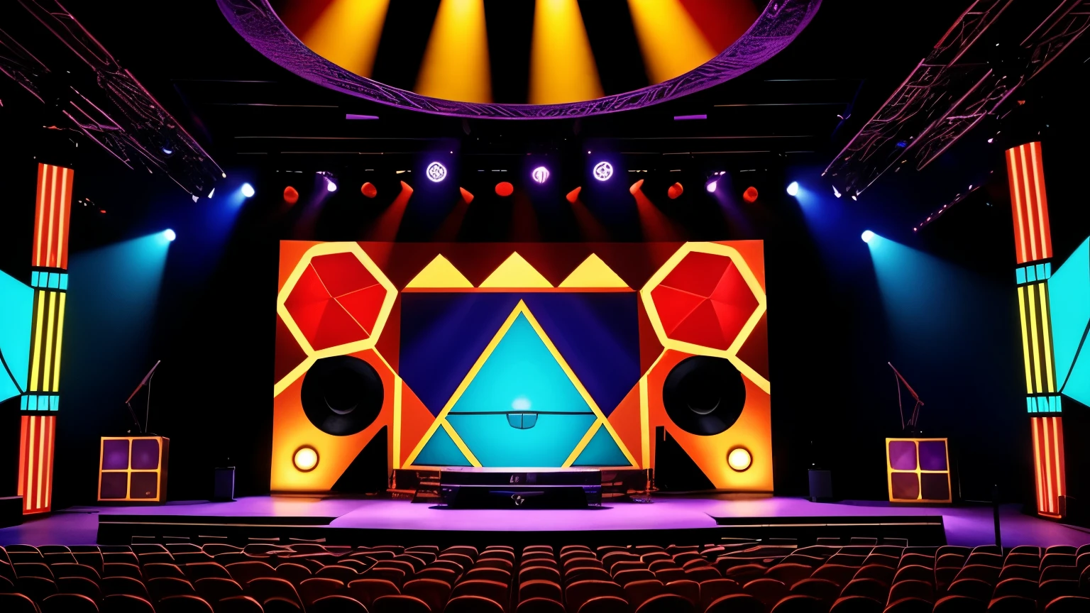 "70s funky rock stage environment, equipped with robust speakers, a variety of colorful lights, and a backdrop with geometric designs typical of the time. The stage is empty, waiting for the band."