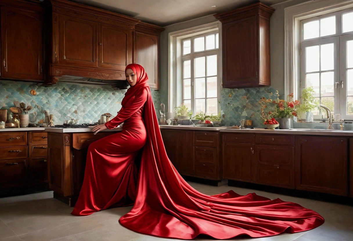 An alluring woman shrouded in a 4-meter-long, plush red satin cloth, tightly bound and grandly draping along the form of her body, flowing off into a pooled floor-length train, styled in a mermaid-inspired outfit, her head modestly veiled in a satin hijab, in a kitchen, a full-body pose conveying a sense of mysterious elegance, captured in a 4k resolution, ultra-realistic