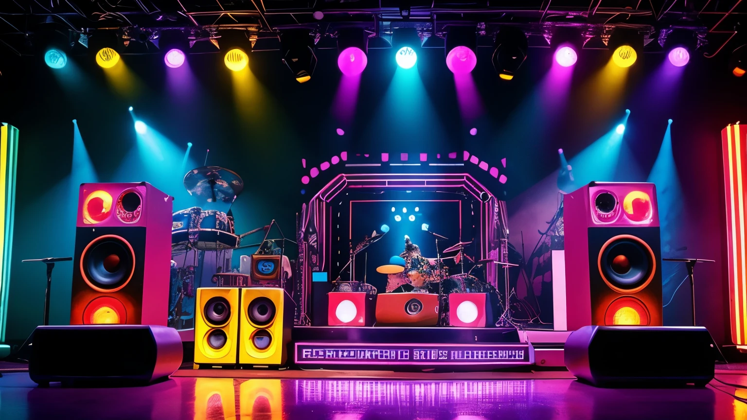 "Vibrant 70s stage with a band of robots playing funky rock, surrounded by large speakers and psychedelic colored lights. Robots have a retro look, matching the environment."