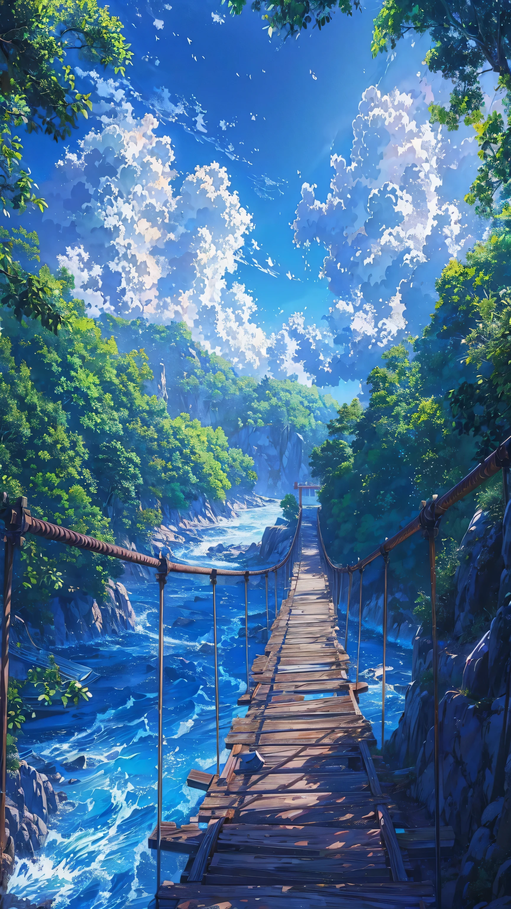 Anime Landscape of a bridge over a river with a sky background, beautiful Anime Landscape, Anime Landscape wallpaper, Anime Landscape, Anime Nature, Anime Nature wallpap, Anime Landscape, Anime Background art, Anime Background, Beautiful and peaceful scenes of the anime, Beautiful anime scene, Wallpaper Anime Blue Water, Anime rural scenery, Detailed scenery —width 672, Landscape Artwork