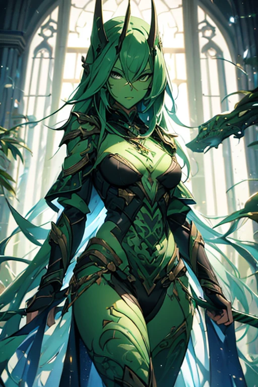 Woman, green skinned orc legs, with loose black clothes, (full hd, highy detailed, work of art). full viwer