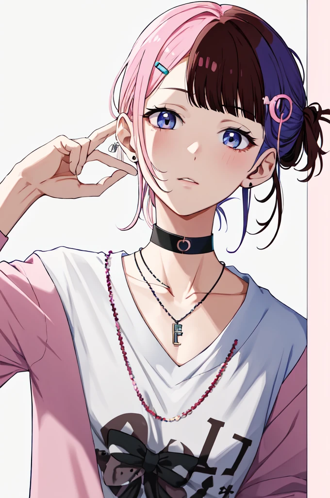 Absurd, Highest quality, alone, View your viewers,Eye focus, TachibanaHinano, (short hair:0.75), Medium chest, (Split Color Hair), blue eyes, Hair Clip, (Messy Hair:1), choker, (Earrings:0.1), necklace, (Side Lock)
Pink hair cut, (Swept-apart bangs:0.25), Side Lock
BREAK
brown hair, (Blunt bangs:1), (Side Lock:1.25)
Character portrait,