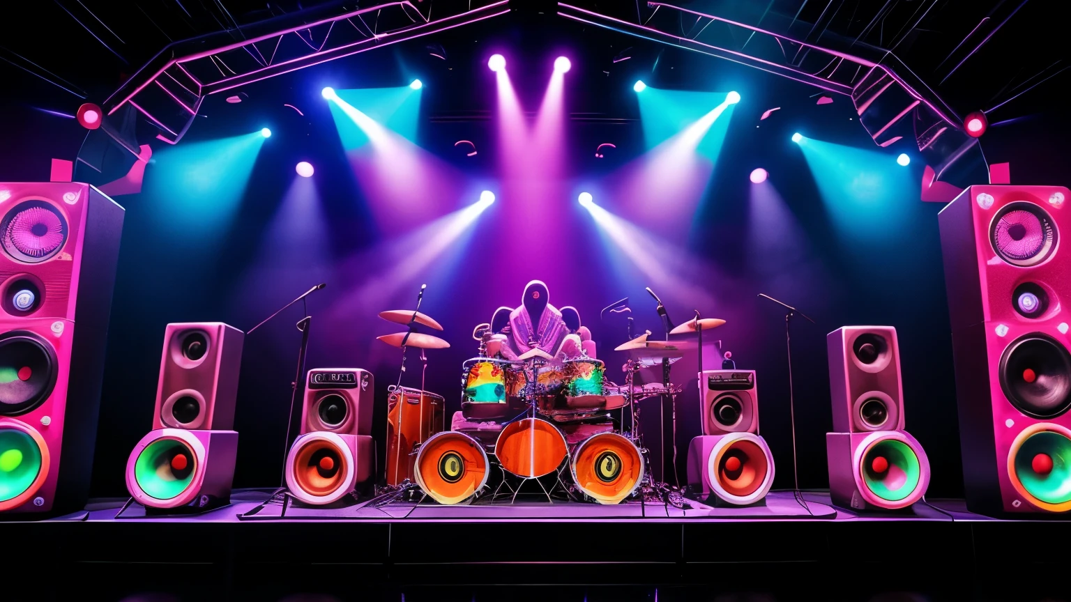 "Vibrant 70s stage with a band of robots playing funky rock, surrounded by large speakers and psychedelic colored lights. Robots have a retro look, matching the environment."