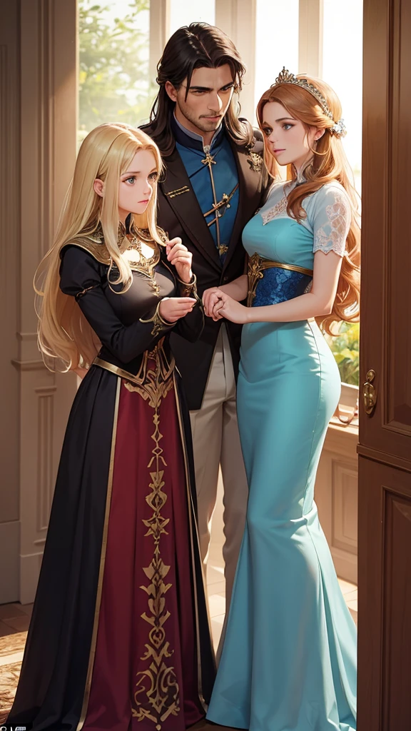 Characters:
Father of Sofía and Mérida: Dark brown hair, blue eyes, elegant and noble clothing, serious and protective appearance, with a dignified and firm posture.
Mother of Sofia and Merida: blond hair, green eyes, dressed in an elegant dress that matches her eyes and hair, noble and affectionate appearance, with a soft and motherly smile.
scene:
Sofia and Merida's father and mother are standing together in an elegant room, suitable for nobility. The father has a firm and protective stance, with a serious but kind expression. The mother has an elegant and loving posture, with a soft and motherly expression. Both are dressed in noble suits that reflect their high social status..