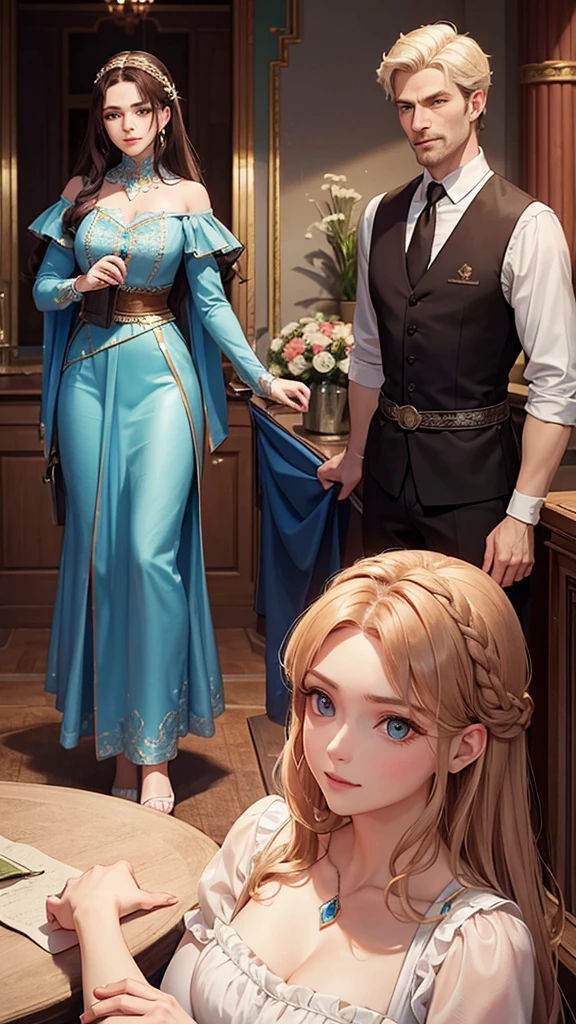 Characters:
Father of Sofía and Mérida: Dark brown hair, blue eyes, elegant and noble clothing, serious and protective appearance, with a dignified and firm posture.
Mother of Sofia and Merida: blond hair, green eyes, dressed in an elegant dress that matches her eyes and hair, noble and affectionate appearance, with a soft and motherly smile.
scene:
Sofia and Merida's father and mother are standing together in an elegant room, suitable for nobility. The father has a firm and protective stance, with a serious but kind expression. The mother has an elegant and loving posture, with a soft and motherly expression. Both are dressed in noble suits that reflect their high social status..