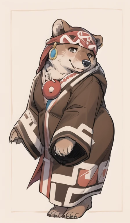 Brown Bear, human nature, Furry, Miss, Miss化的, Fur, detailed Fur,Ainu women in traditional clothing,Fair深藍色服飾,scarf, masterpiece, best quality, Digital art, (actual:0.3), cartoon, Detailed route, High resolution, visually stunning (detailed lighting, Depth of Field:0.9), detailed color, Bright colors create perfect hands, Detailed hands (Fair, Cute, Fluffy:1.2), detailed body, Perfect breasts, 1 girl, , smile full of love,Hokkaido natural landscape, National costume, national totem