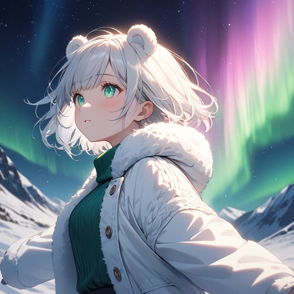 1 girl,amazing quality, aesthetic, aesthetic,ultra-detailed face,detailed eyes,16yo,emerald eyes,gradient eyes,lash extension, white hair,short hair,white bear ears,Sweater, skirt,white shearling coat,Looking up,Emotional,Upper body,Opening arms to the side of the body,Aurora in Polar Regions,Dazzling,pink rimlight,masterpiece,8K,top quality, highly detailed illustration, incredibly delicate and beautiful