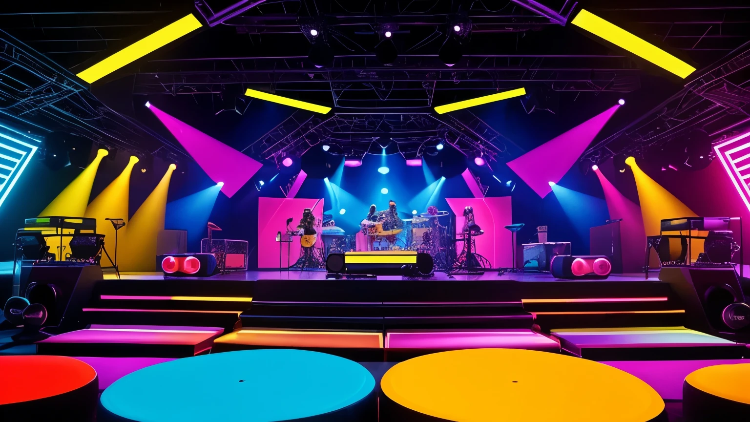 "Vibrant 70s stage with a band of robots playing funky rock, surrounded by large speakers and psychedelic colored lights. Robots have a retro look, matching the environment."