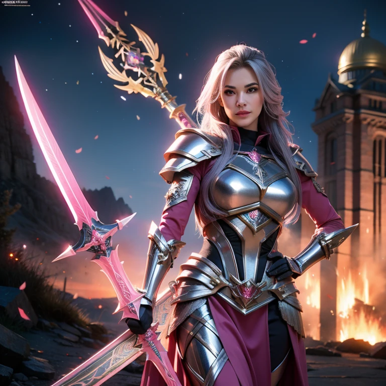 A mystical valkyrie woman with fuchsia skin, wearing sharp silver armor and holding two swords, slick pink armor, hyperdetailed fantasy character, cinematic full character, unreal engine character art, new character, female lead character, as a mystical valkyrie, valkyrie style character, detailed eyes, detailed lips, longeyelashes, photorealistic, 8k, highres, masterpiece