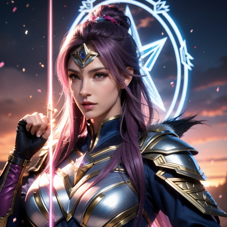 A mystical valkyrie woman with fuchsia skin, wearing sharp silver armor and holding two swords, slick pink armor, hyperdetailed fantasy character, cinematic full character, unreal engine character art, new character, female lead character, as a mystical valkyrie, valkyrie style character, detailed eyes, detailed lips, longeyelashes, photorealistic, 8k, highres, masterpiece