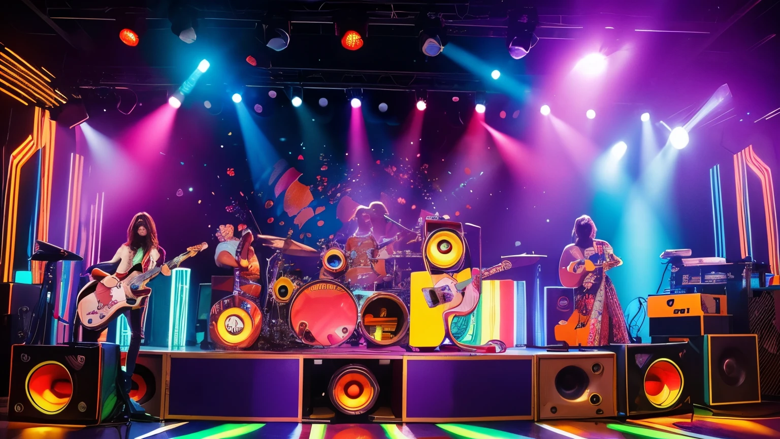 "Vibrant 70s stage with a band of robots playing funky rock, surrounded by large speakers and psychedelic colored lights. Robots have a retro look, matching the environment."