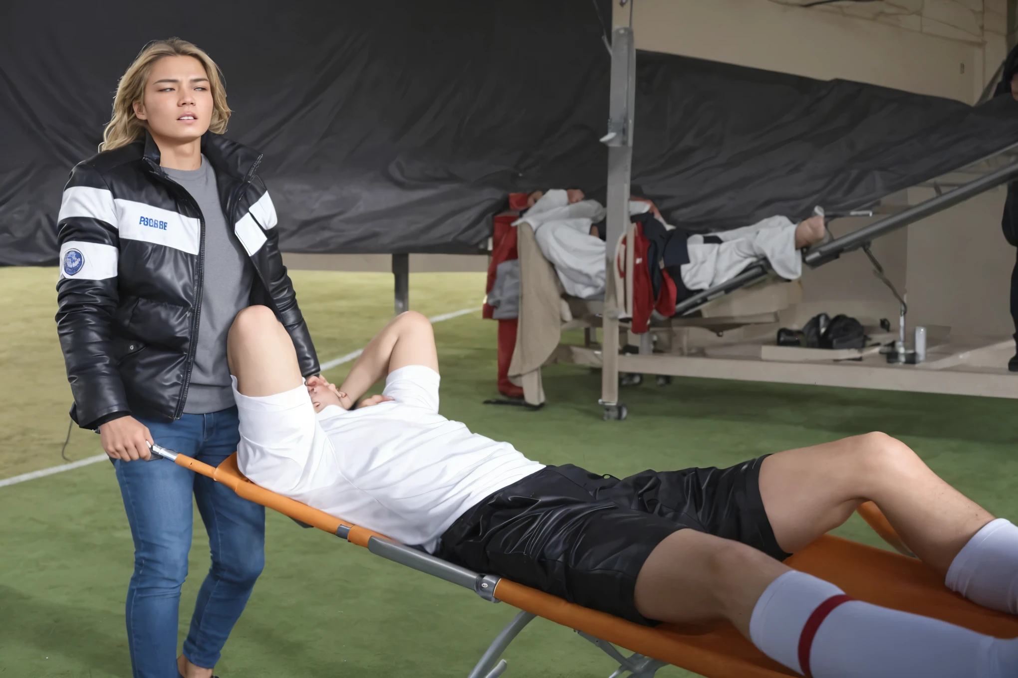 there is a sportsman in matte cotton sportswear lying injured on a stretcher, there is an injured sportsman in matte cotton sportswear who is covering his face on a stretcher, an injured sportsman in matte cotton sportswear is covering his face with his hands, an injured sportsman is writhing in ecstasy on a stretcher, dramatic pity pose, there is a mongolian policewoman in a high-shine leather coat, a high-shine black leather coat, a long black uniform leather coat, a wetlook down coat, a wet black laquered coat, a mongolian policewoman is wearing a wetlook black uniform, injured, female medic, soccer action pose, affection pose, lecherous action pose, dramatic action pose, theatralic pose, there is an attractive policewoman that is carrying a soccer player in matte cotton sportswear, there is a beautiful woman in a shiny coat who is carrying a blond man on a stretcher, a longhaired policewoman in a high-shine black leather coat, a longhaired policewoman in a shiny downcoat, a policewoman is carrying a shorthaired man who is wearing matte cotton sportswear, a weak man in in matte cotton sportswear is consciousless and needs to be carried, a shorthaired man with an arm put over his agonised face is carried away on a stretchwer by a  policewoman, a policewoman looks very scared and terrified, a consciousless man with an arm put over his agonised face is suffering very much and has a very painful face, photo, photo shoot, photographed , accident, help, aid, first aid, pity