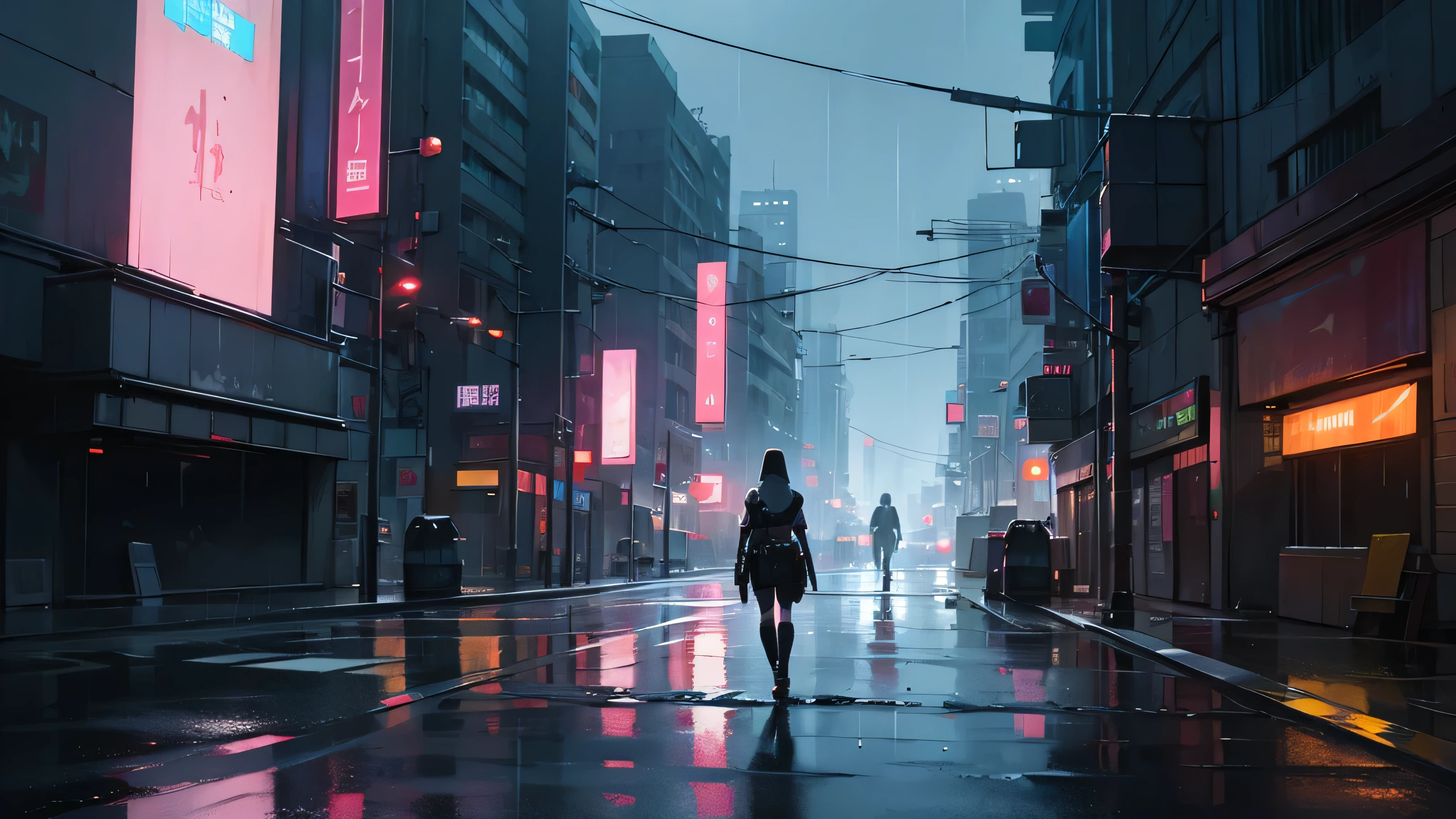 create a deserted street at night during rain in the middle of a futuristic cyberpunk city