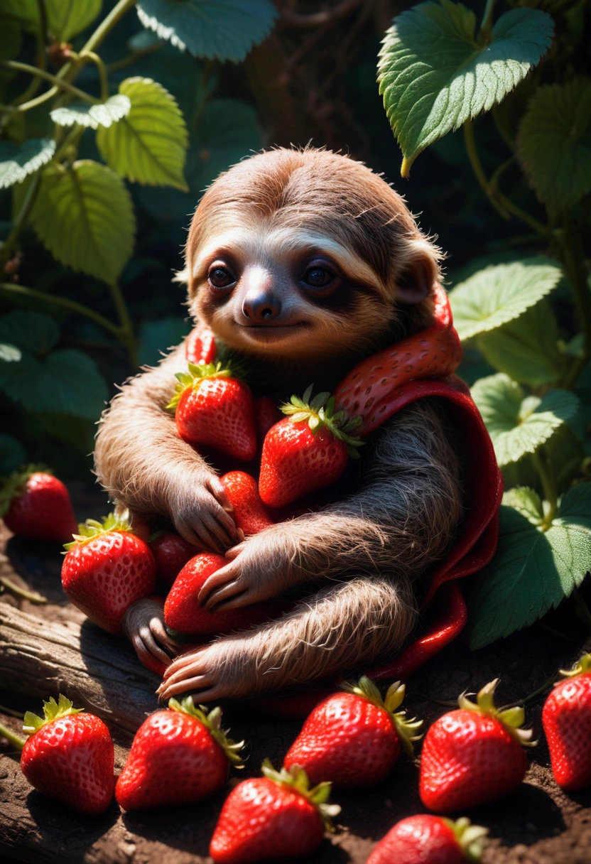 strawberry, detailed photograph of an adorable baby sloth sleeping on a red strawberry, by Ismail Inceoglu Huang Guangjian ZBrush, pixar, studio ghibli, masterpiece, best quality, very aesthetic, absurdres