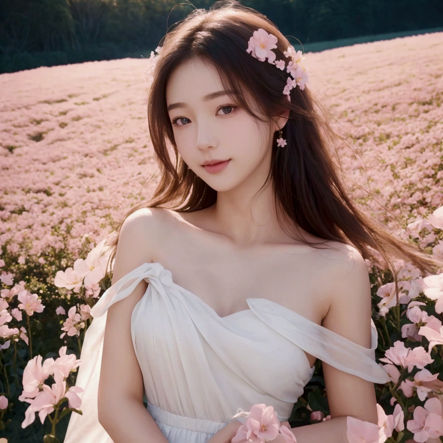 Best quality, masterpiece, ultra high resolution (photorealistic: 1.4), raw photo, 1 girl, white dress, bare shoulders, field of pink flowers in bloom, glowing skin, slight smile