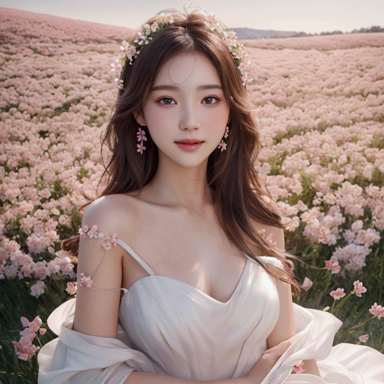 Best quality, masterpiece, ultra high resolution (photorealistic: 1.4), raw photo, 1 girl, white dress, bare shoulders, field of pink flowers in bloom, glowing skin, slight smile