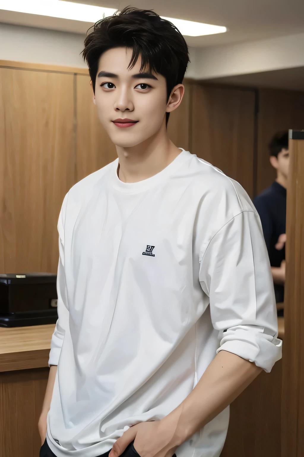 ((Top Quality, 8K, masterpiece: 1.3))、Cool Korea Man, 1Man with a、20yo、Well-formed face、Handsome nose、smiling、 detailed eyes and face、beautiful lighting、(studio)、Hight Resolution、(looking looking at viewer)、detailed mouth、Sorrisos、s whole body: 1.5, perfect body figure: 1.3, Pictures of both shoulders:1.3, Casual clothes:1.5, boyfriend material, shinyu from TWS as a model