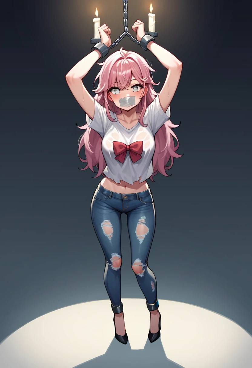 score_9, score_8_up, score_7_up, score_6_up, score_5_up, score_4_up, source_anime, 1girl, Cover your mouth with duct tape, motionless worth, cute face, pink hair, long hair, white eyes, w-w-chain, chains, shackles, raise arms, messy hair, torn shirt, jeans , high heels, candles, night, wet dungeon, best quality, best res, 4K UHD, perfect wallpaper, close-up shot, 
 