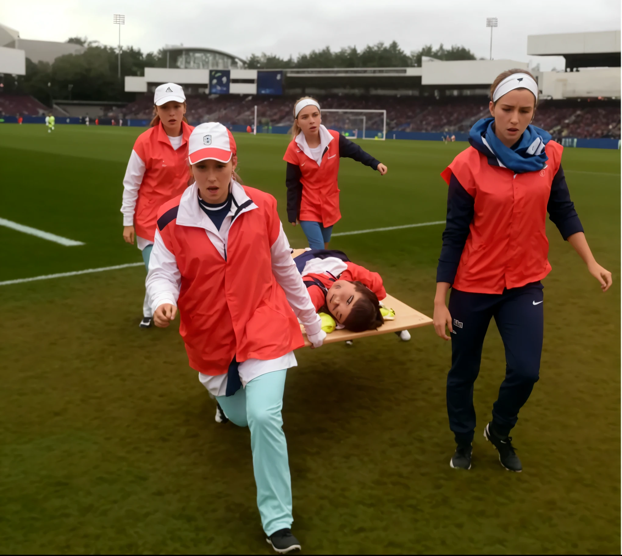 a soccer scene in a sports stadium, cool and wet weather conditions, humide ground, rainy sky, injury scene in a sports stadium, stretcher carry, there are four female medics carrying a stretcher, there are four female medics in very shiny coats who are carrying a stretcher in a sports stadium, there is a wounded male soccer player in a matte short cotton sports outfit lying on the stretcher, an injured male soccer player in matte cotton sportswear is lying in pain on a stretcher, a soccer player in matte cotton sports clothes is rearing up in intense pain while lying on a stretcher, dramatic scene, theatralic posing scene, dramatic pity scene, injury soccer, first aid, help, pity, there are four female medics in wetlook high-shine coats who are looking very sad and very terrified and very shocked, the injured soccer player is screaming out in pain while he is carried from the pitch on a stretcher