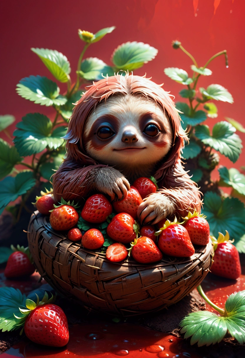 strawberry, detailed photograph of an adorable  sloth sleeping on a red strawberry, by Ismail Inceoglu Huang Guangjian ZBrush, pixar, studio ghibli, masterpiece, best quality, very aesthetic, absurdres
